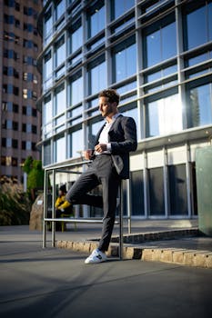 Stylish man in a blue suit poses outdoors against a modern cityscape, exuding urban elegance.