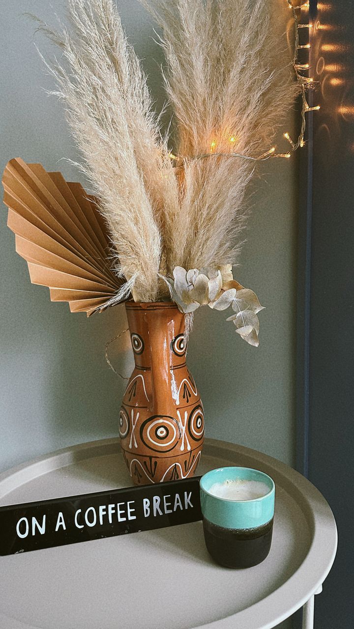 Dried pampas grass plumes arranged in a terracotta vase on a boho coffee bar shelf