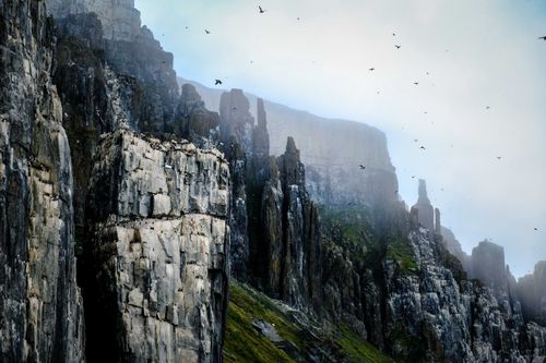 Free A breathtaking view of towering cliffs with birds flying overhead, showcasing nature's grandeur. Stock Photo