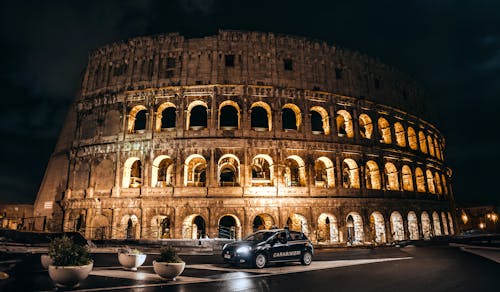 View of a Light Up Colosseum in Rome, Italy 