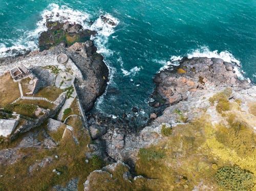 Top View of a Rocky Coast with Old Ruins 