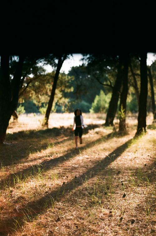 Free A woman runs along a sunlit path in a peaceful forest setting. Stock Photo