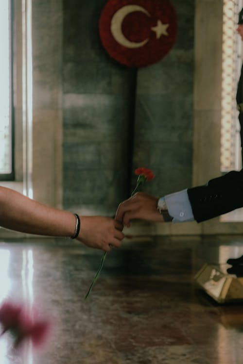 Man Handing a Flower to a Woman 