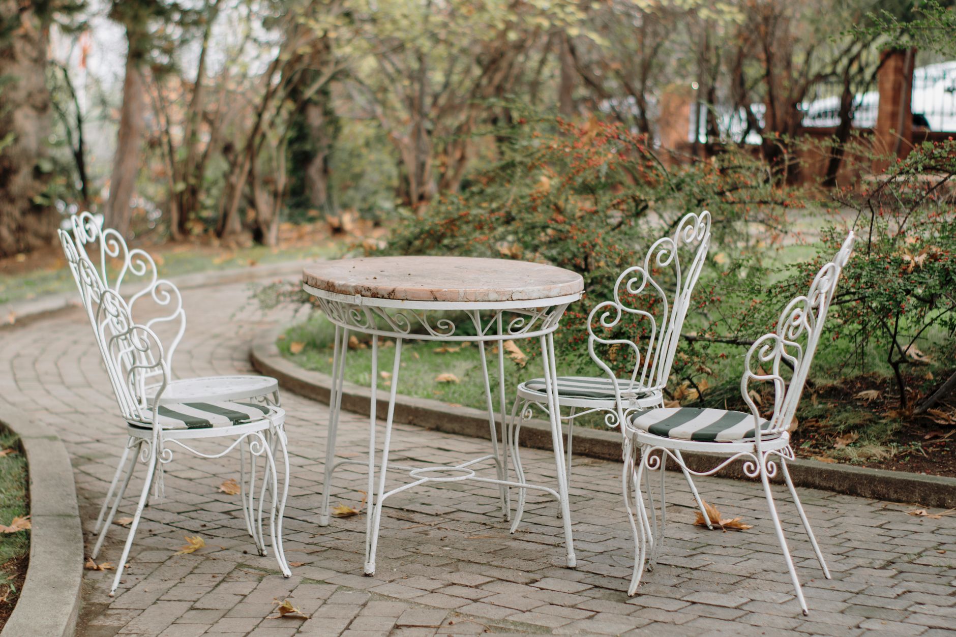 A charming outdoor café table with wrought iron chairs in a serene fall park setting.