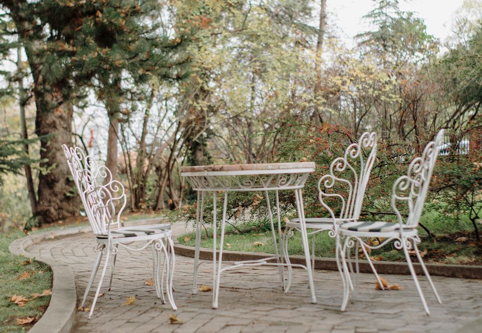 Peaceful garden seating area surrounded by greenery