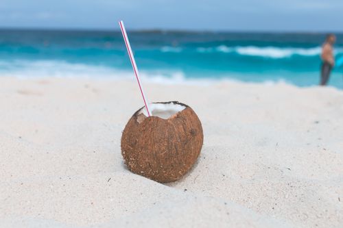 Free A coconut with a straw sits on a sandy beach, overlooking the clear blue ocean. Perfect tropical refreshment. Stock Photo