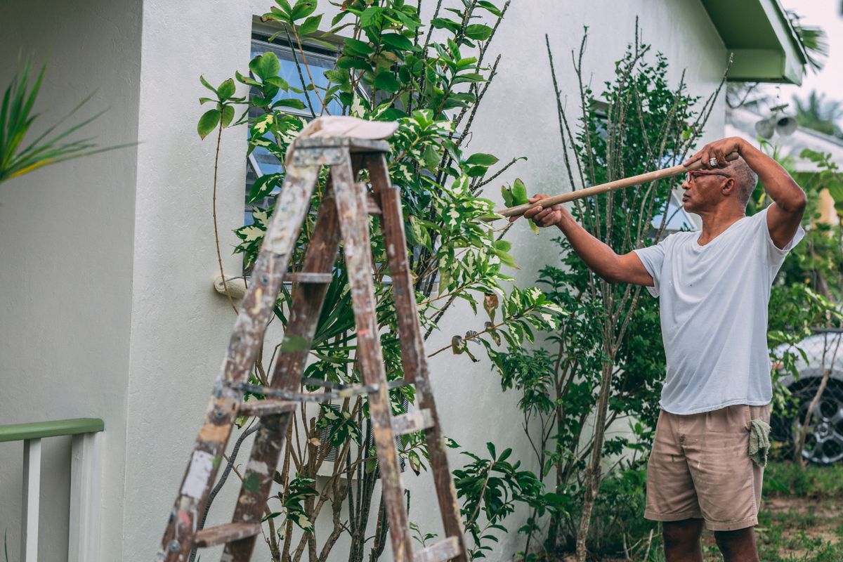 Professional painter on ladder painting exterior trim