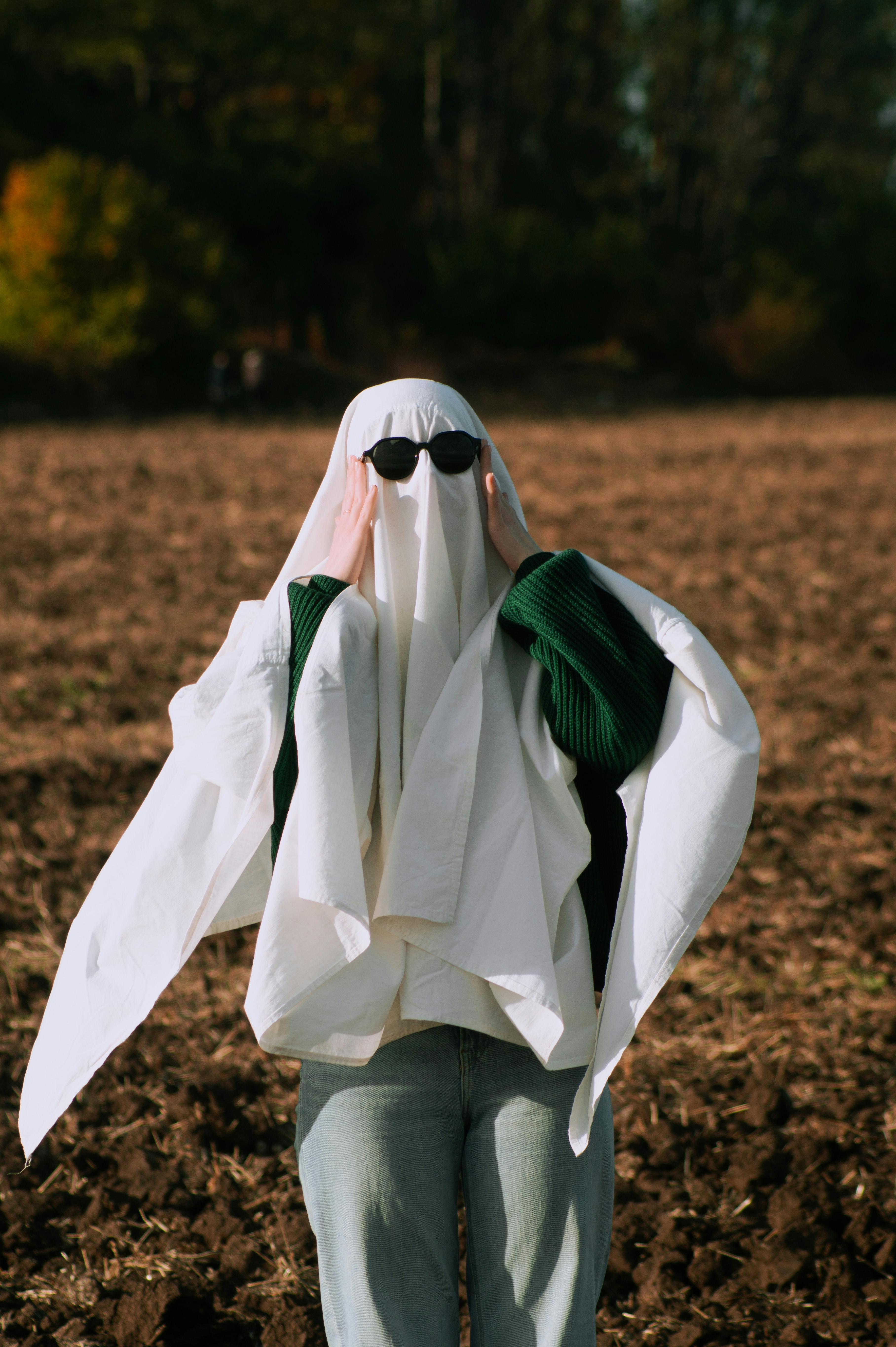 A person in a ghost costume and sunglasses stands humorously in an autumn field.