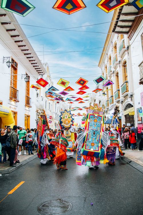 Free Colorful festival procession with traditional costumes in Loja, Ecuador. Stock Photo