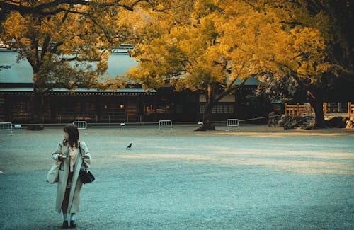 Woman Wearing Coat in a Park in Fall 