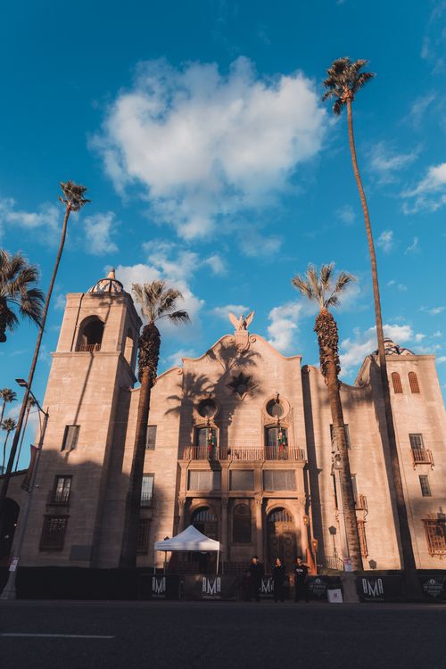 Free Low angle view of the Riverside Municipal Auditorium against a blue sky with palm trees. Stock Photo