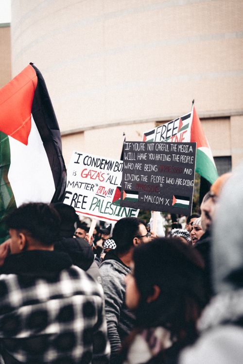 Free Crowd holding Palestinian flags and placards during a protest rally for solidarity and political awareness. Stock Photo