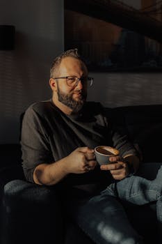 A man enjoying a cup of coffee indoors, sitting on a sofa in warm sunlight.