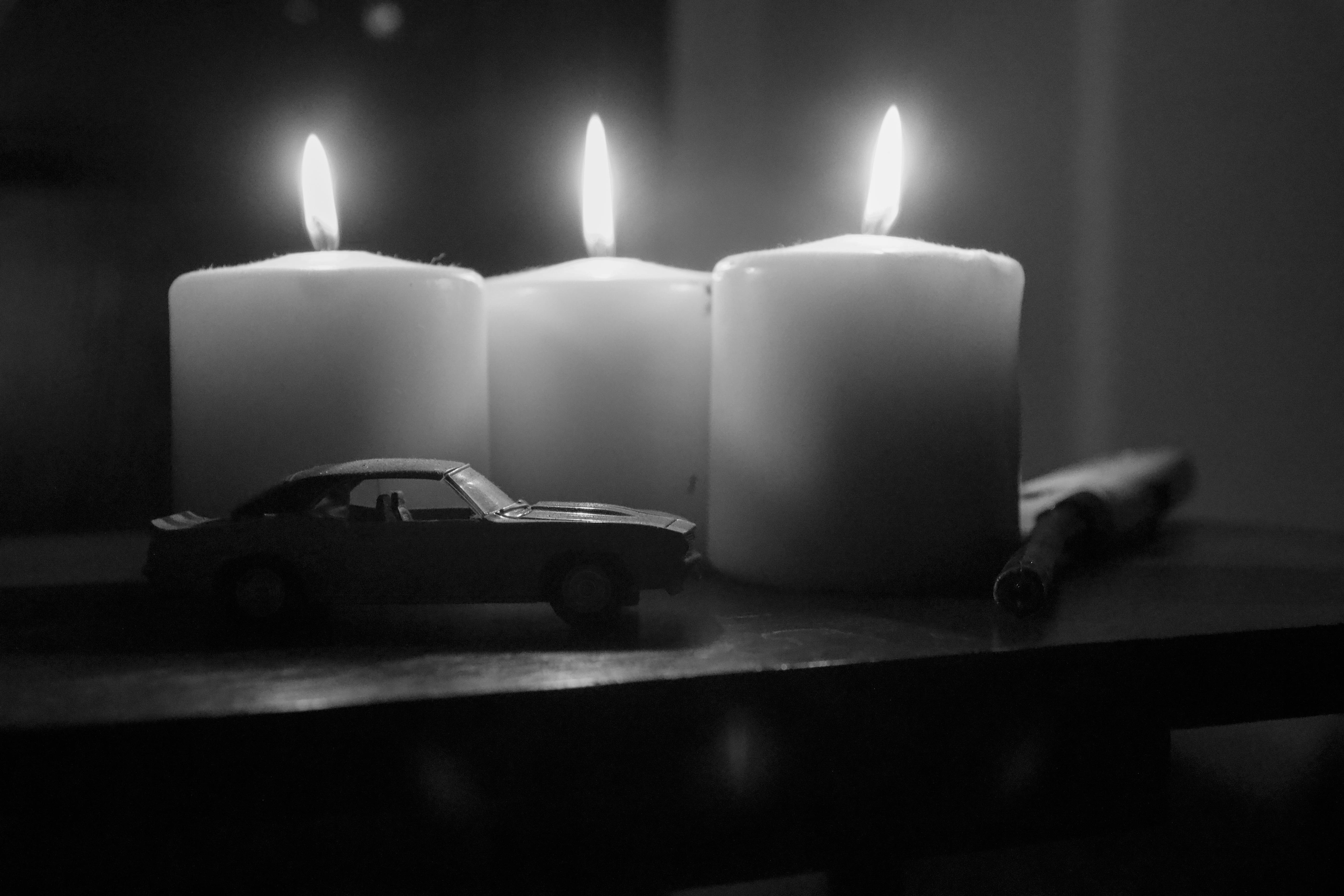 Free stock photo of automobile, black and white, candle