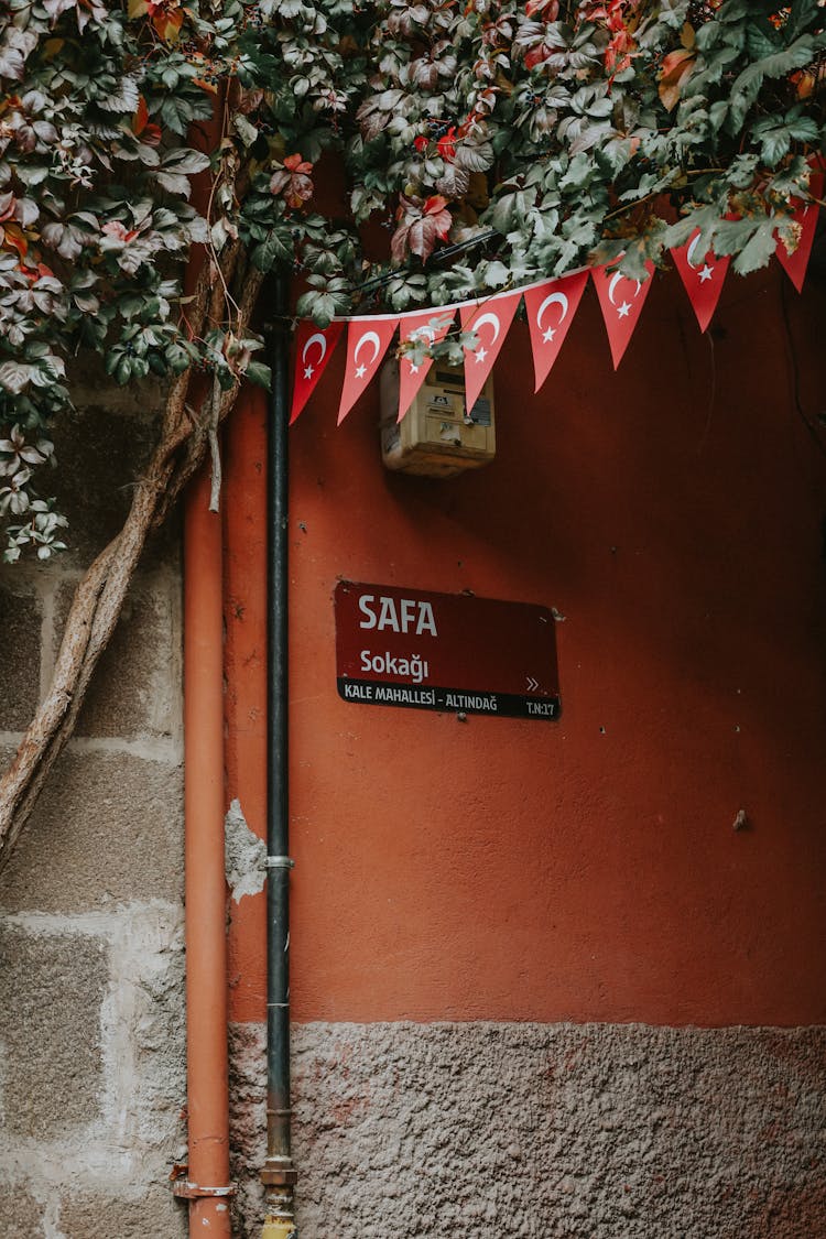 Ankara Street Name Sign In Under Turkish Flag Bunting