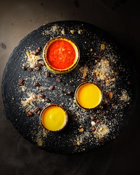 Overhead view of vibrant sauces and scattered coffee beans on a slate tray creating a rustic vibe.