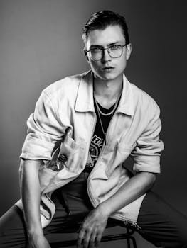 Black and white studio portrait of a stylish young man sitting with confident expression.