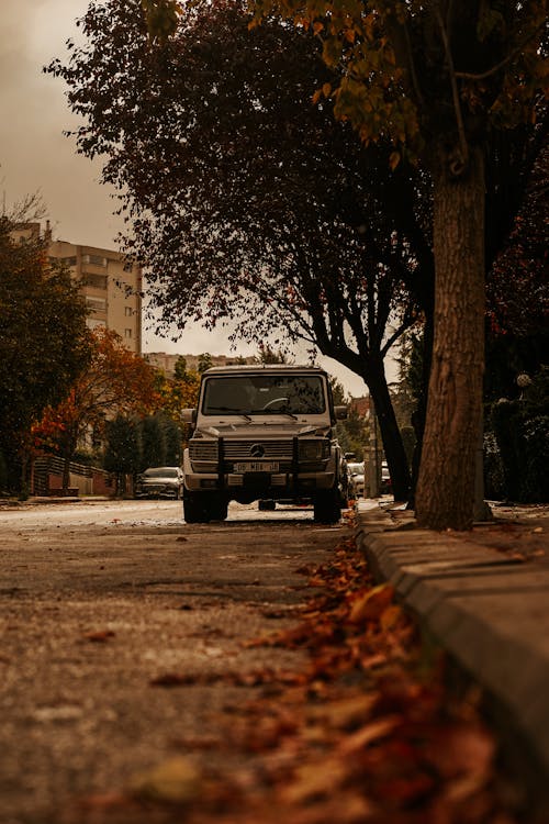 Contemporary Silver Mercedes-Benz G-Wagen Parked on the Street