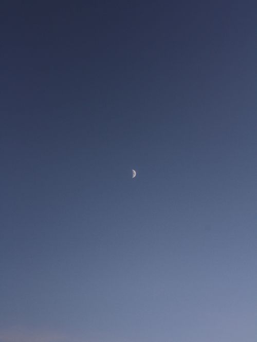 Free A serene crescent moon in a darkening blue sky during twilight. Stock Photo