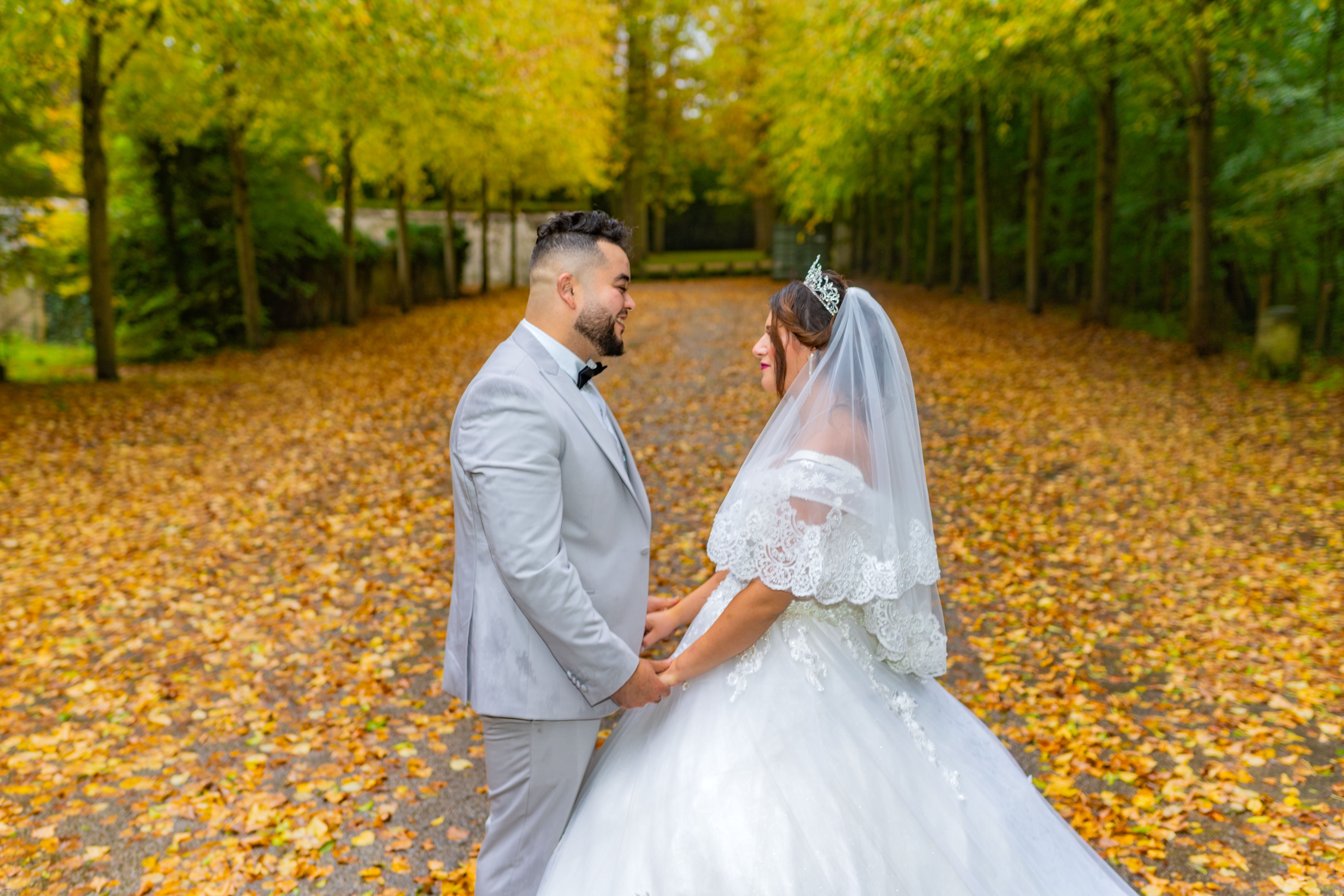 Bride and Groom Standing in a Park and Holding Hands · Free Stock Photo