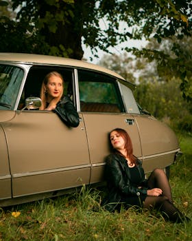两名身穿皮夹克的女子站在树下的老爷车旁，营造出经典而怀旧的感觉