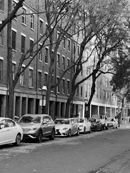 Monochrome city street scene featuring parked cars and residential buildings.