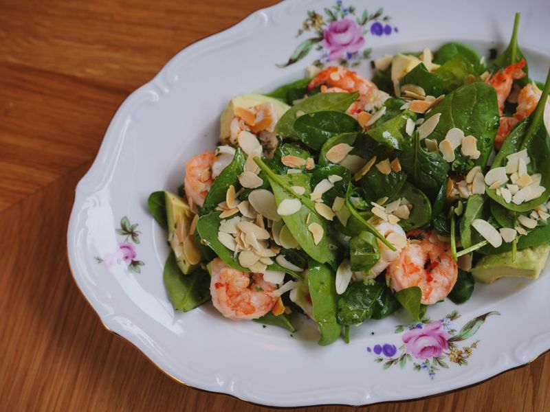 mason jar with orzo, shrimp and spinach
