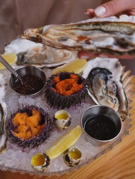 A delectable seafood platter featuring fresh oysters and vibrant sea urchins served on ice.