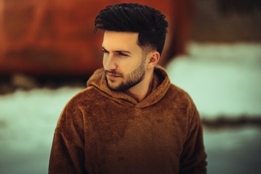 Stylish portrait of a man wearing a brown hoodie in a snowy outdoor setting.