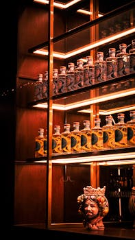 Stylish display of bottles on backlit shelves with artistic bust in modern bar setting.