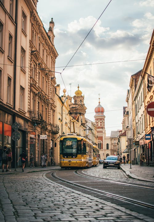 Tram on Street in Pilsen in Czech Republic