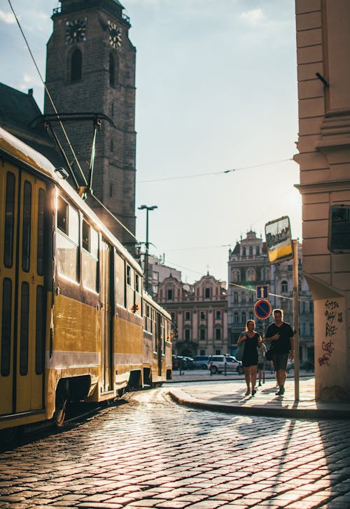 Vintage Tram in Old Town in City in Czech Republic