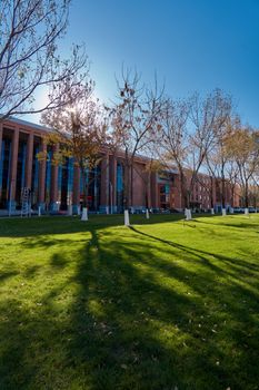 A modern university building with trees casting shadows on a sunny spring day.