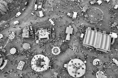Birds Eye View of Amusement Park in Black and White