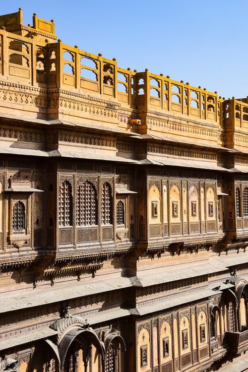 Ornate carved sandstone facade of Patwon ki Haveli in Jaisalmer