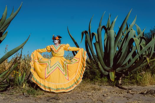 Calavera Catrina in Yellow Pollera Dress Among Huge Aloes