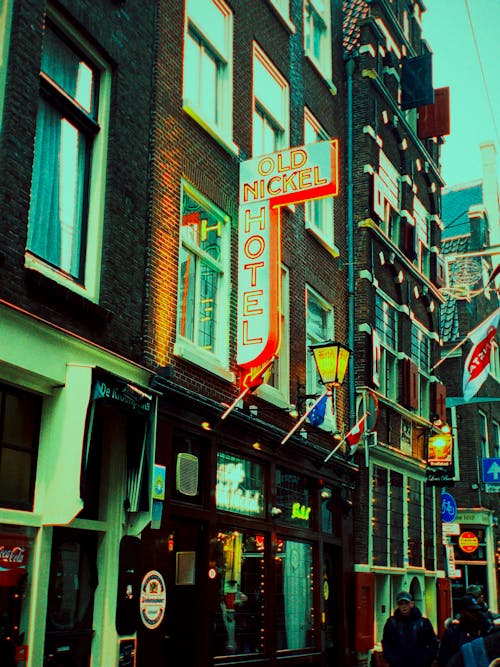 Neon Sign Above the Entrance of the Old Nickel Hotel in Amsterdam