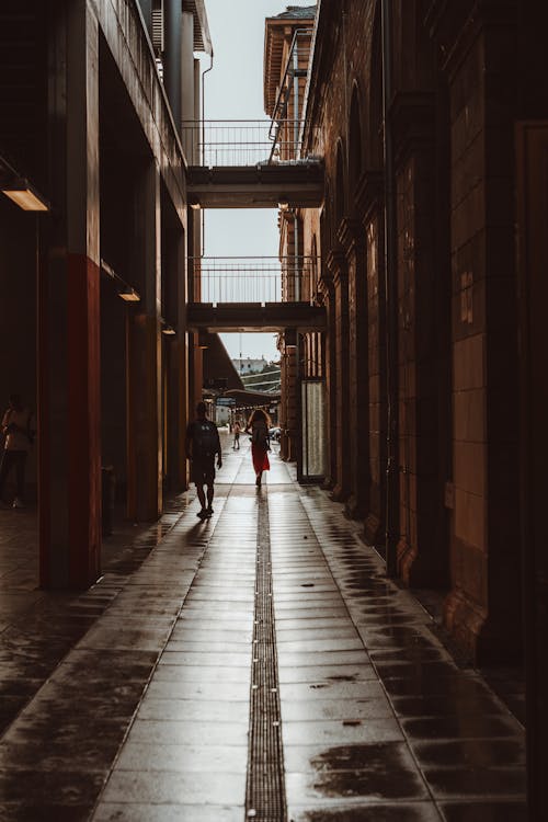 Pedestrians Walking on a Wet Pavement between the Buildings in City 