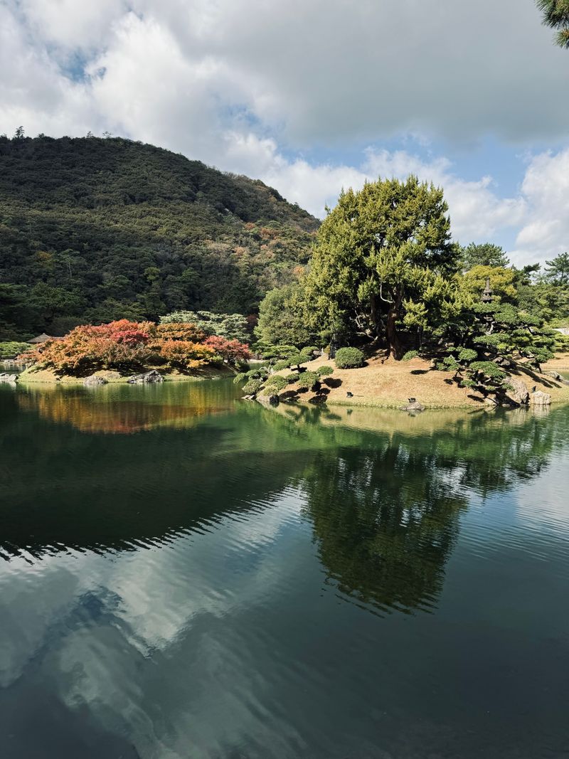 Ritsurin Garden pond with shaped pine trees and seasonal foliage reflected in still water — Takamatsu, Kagawa