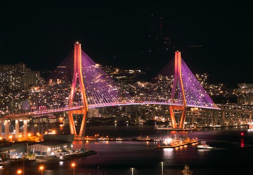 Illuminated Busan Harbor Bridge at Night 