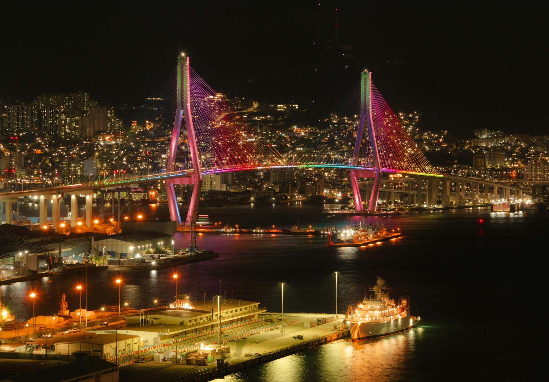 Illuminated Busan Harbor Bridge in South Korea