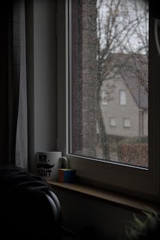A serene indoors view through a rain-speckled window featuring a cup and the outdoors.