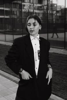 Stylish woman in a black suit and white shirt in cityscape.