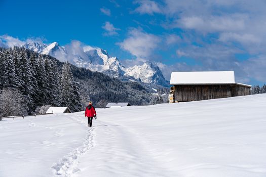 A person walks through a snowy alpine landscape with mountains and forests in the background.