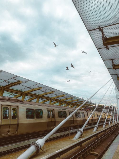Free Urban view of Istanbul metro station with Halic Bridge and seagulls flying above. Stock Photo