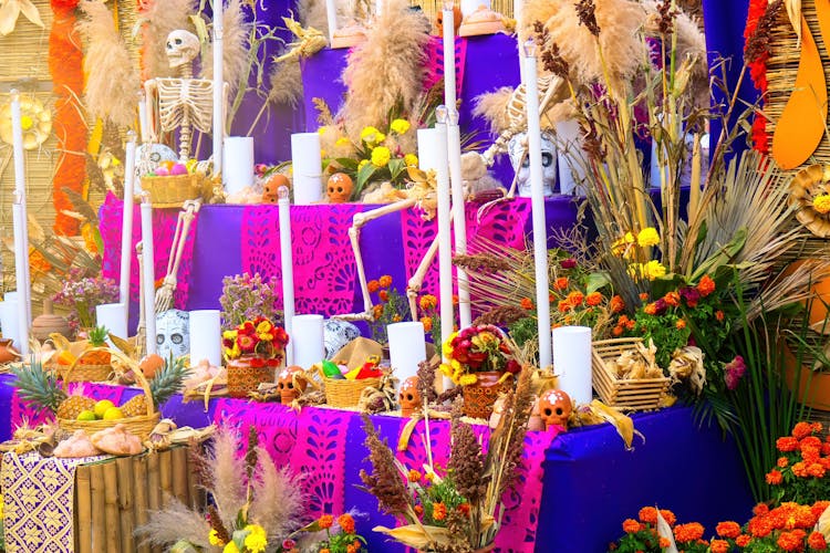 Colorful Altar With Ofrenda For Dia De Muertos