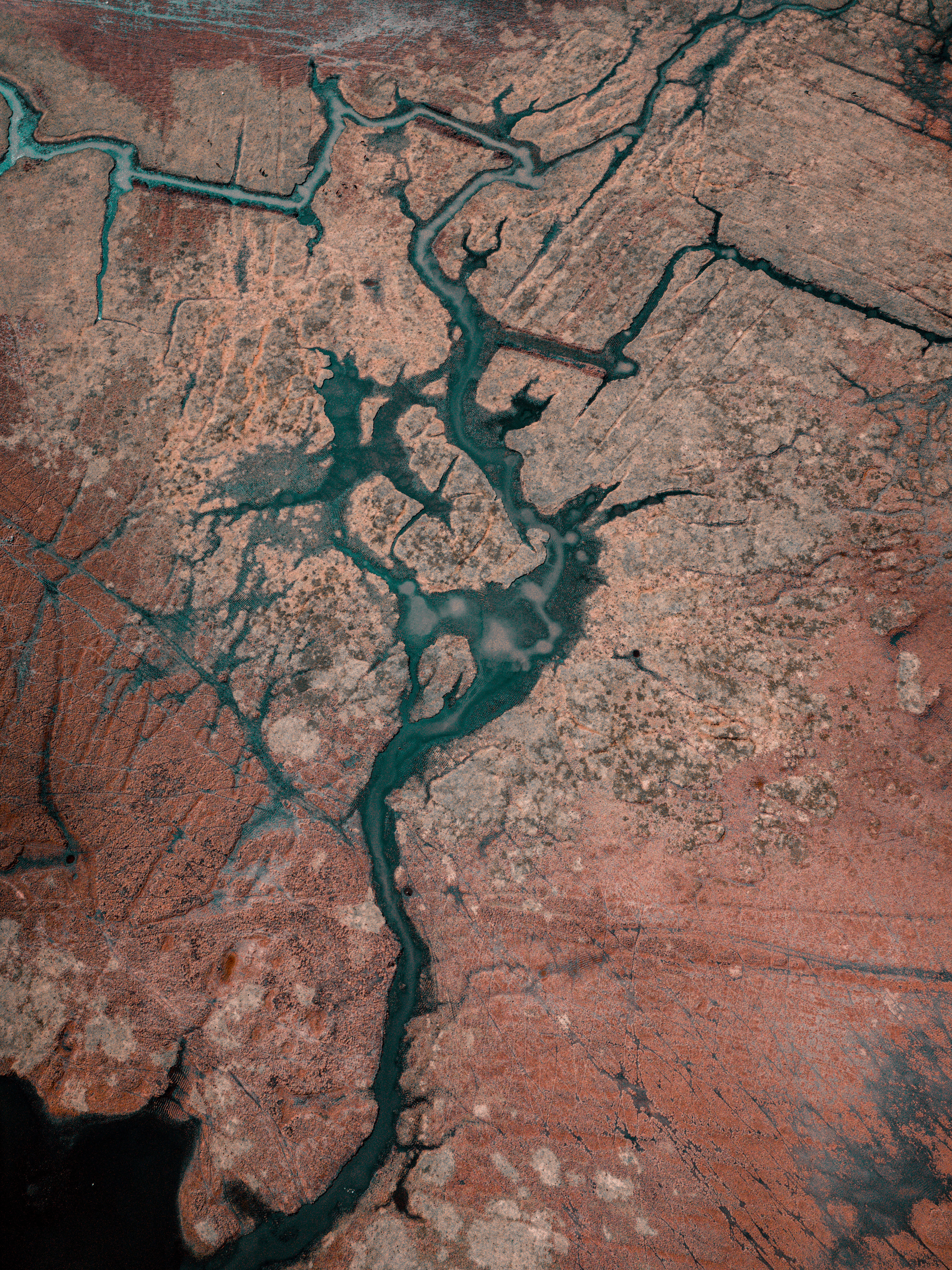 Aerial photograph showcasing intricate river patterns flowing through rugged desert-like terrain.