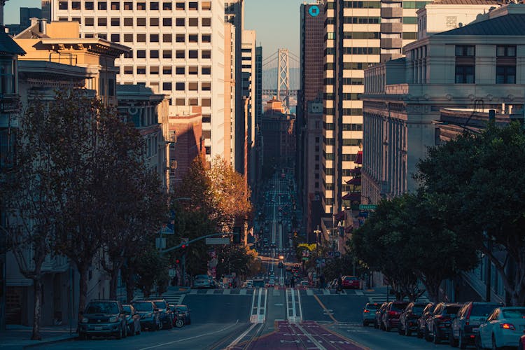 View Of The Uphill Street In San Francisco Overlooking The Oakland Bay Bridge, San Francisco, California, USA