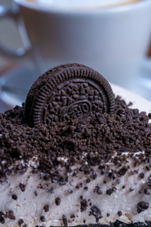 Close-up of a Slice of Cake with an Oreo Cookie 