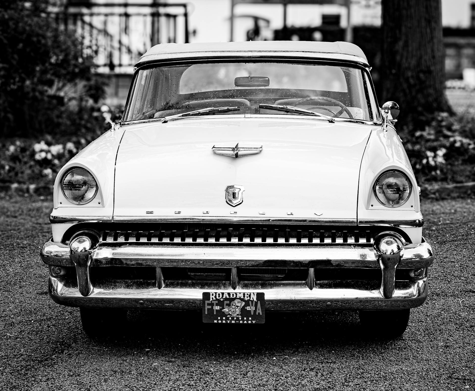 Classic Mercury Montclair vintage car in a monochrome setting.